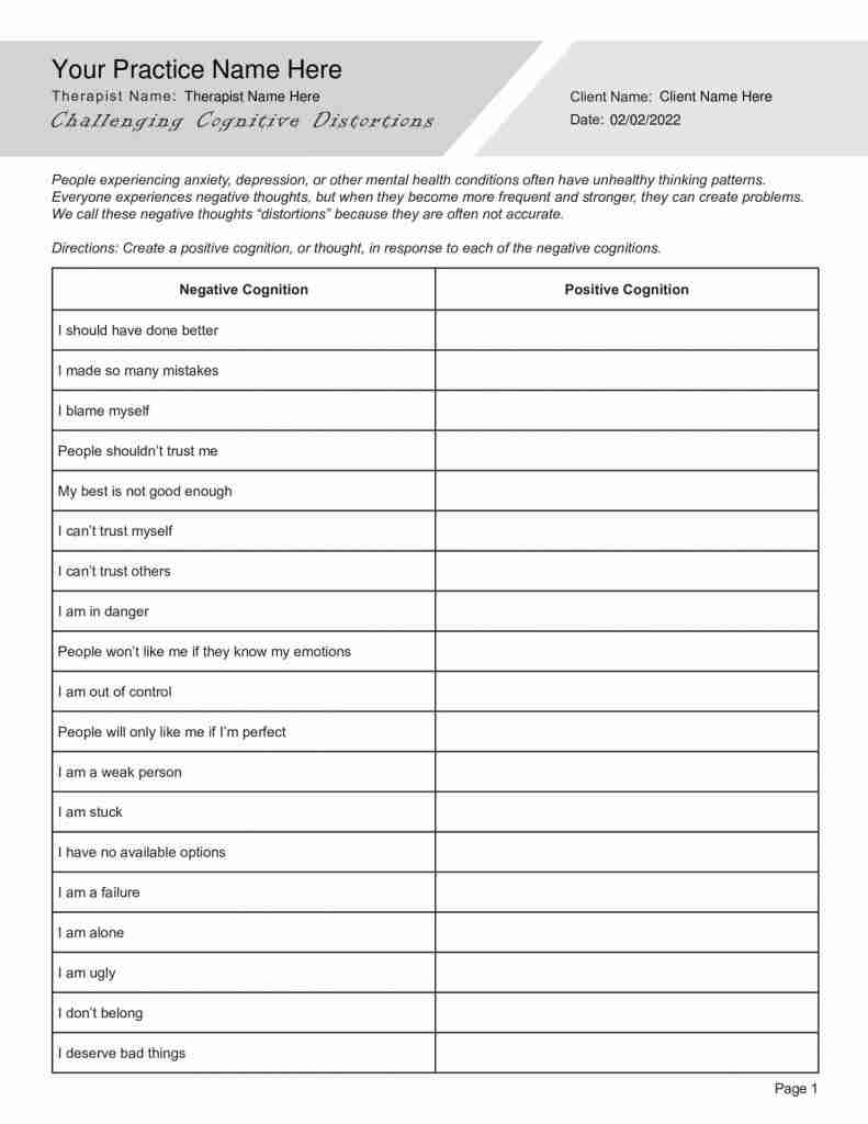 Challenging Cognitive Distortions Worksheet Editable Fillable Printable PDF TherapyPatron