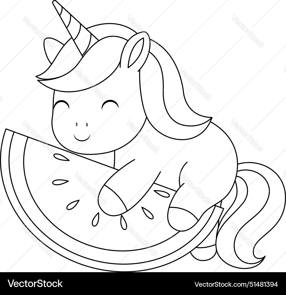 Cute Kawaii Unicorn And Watermelon Coloring Page Vector Image