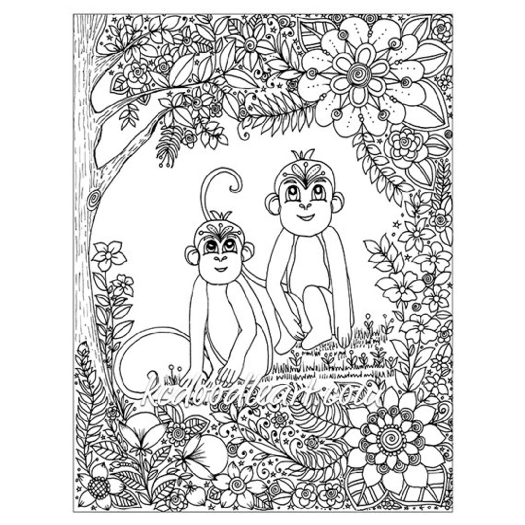 Instant Digital Download Adult Coloring Page Monkeys Etsy