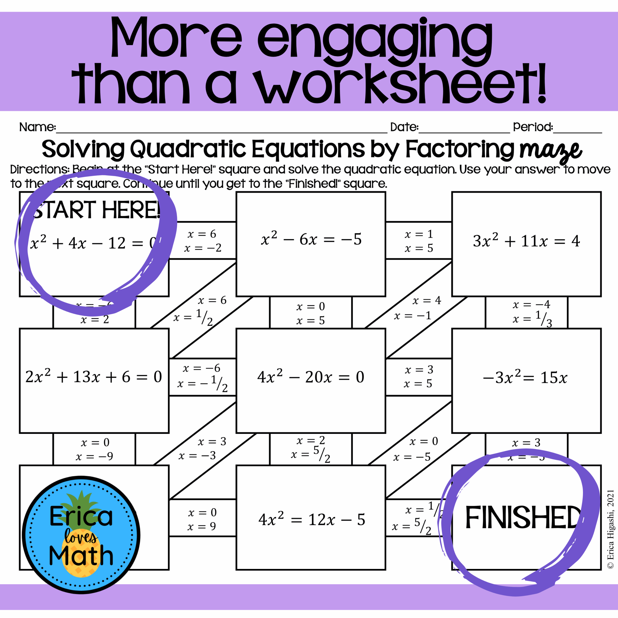quadratic equations worksheet