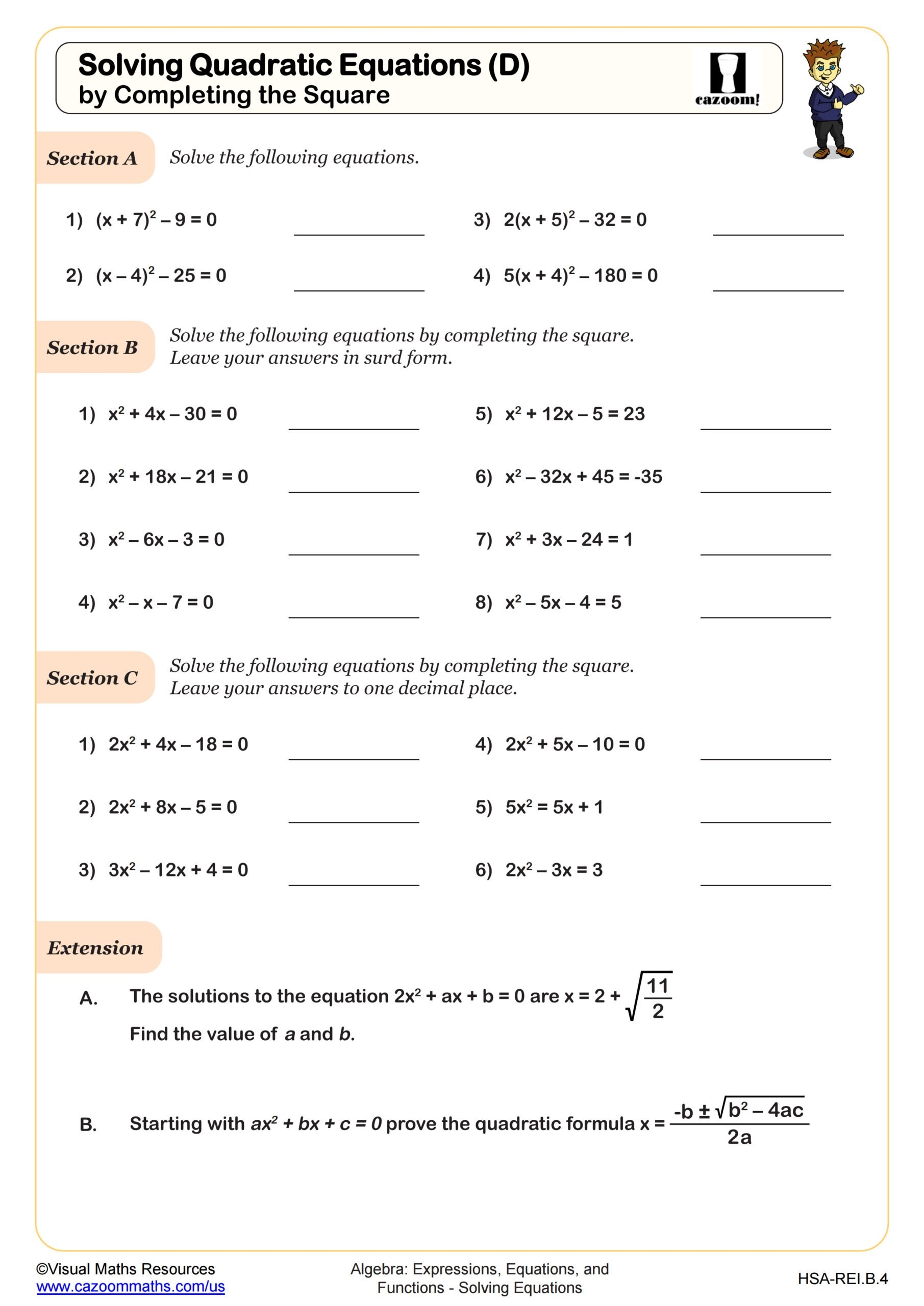 Solving Quadratic Equations D By Completing The Square Worksheet Fun And Engaging Algebra I PDF Worksheets