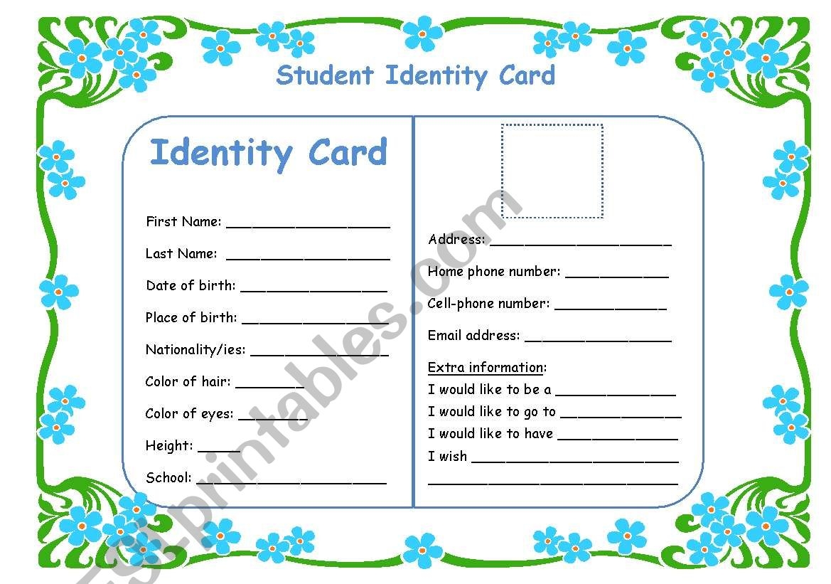 Student Identity Card ESL Worksheet By Sharon F Worksheets Library