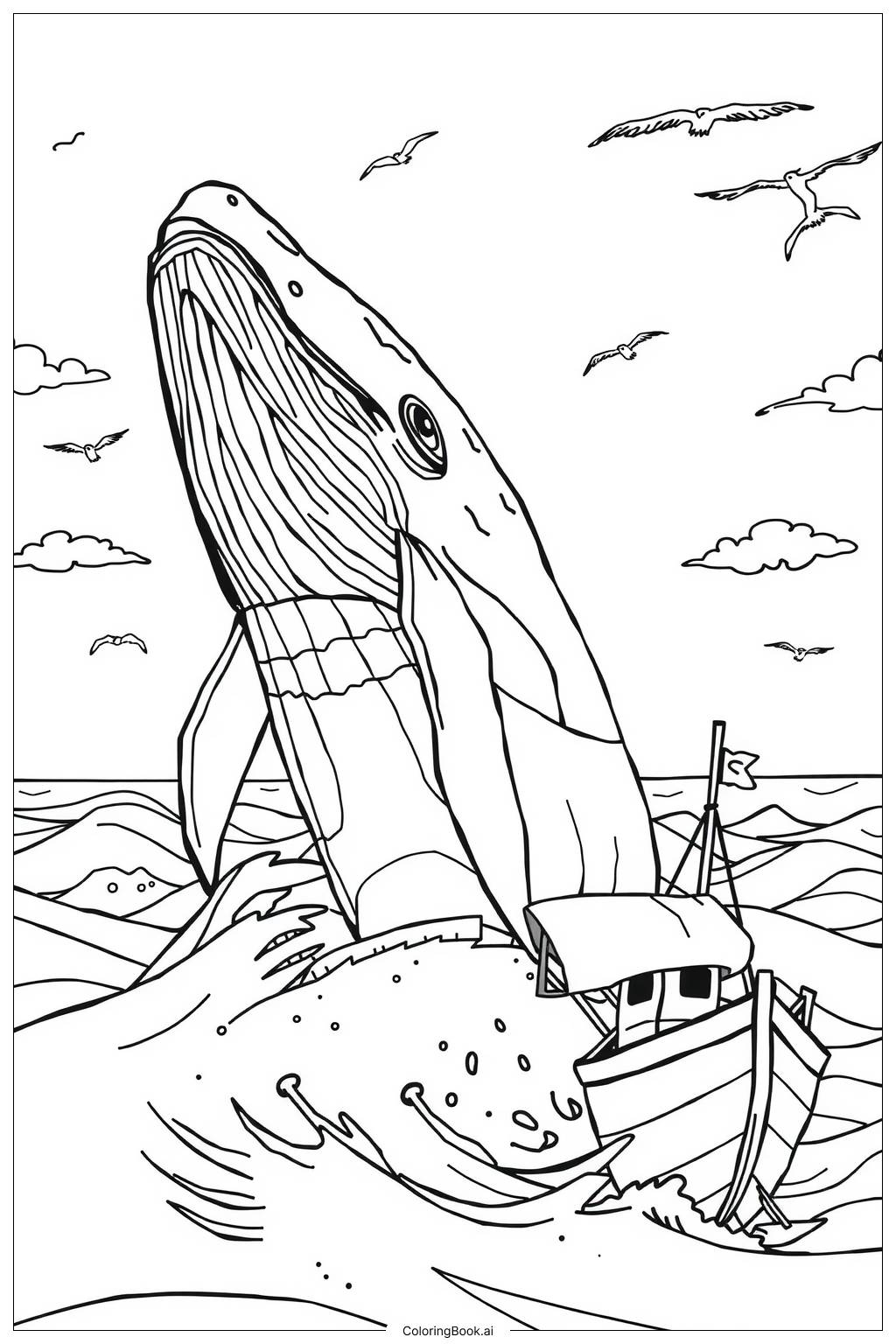 Whale Breaching Near A Boat 2 Coloring Page Free PDF PNG Printable 