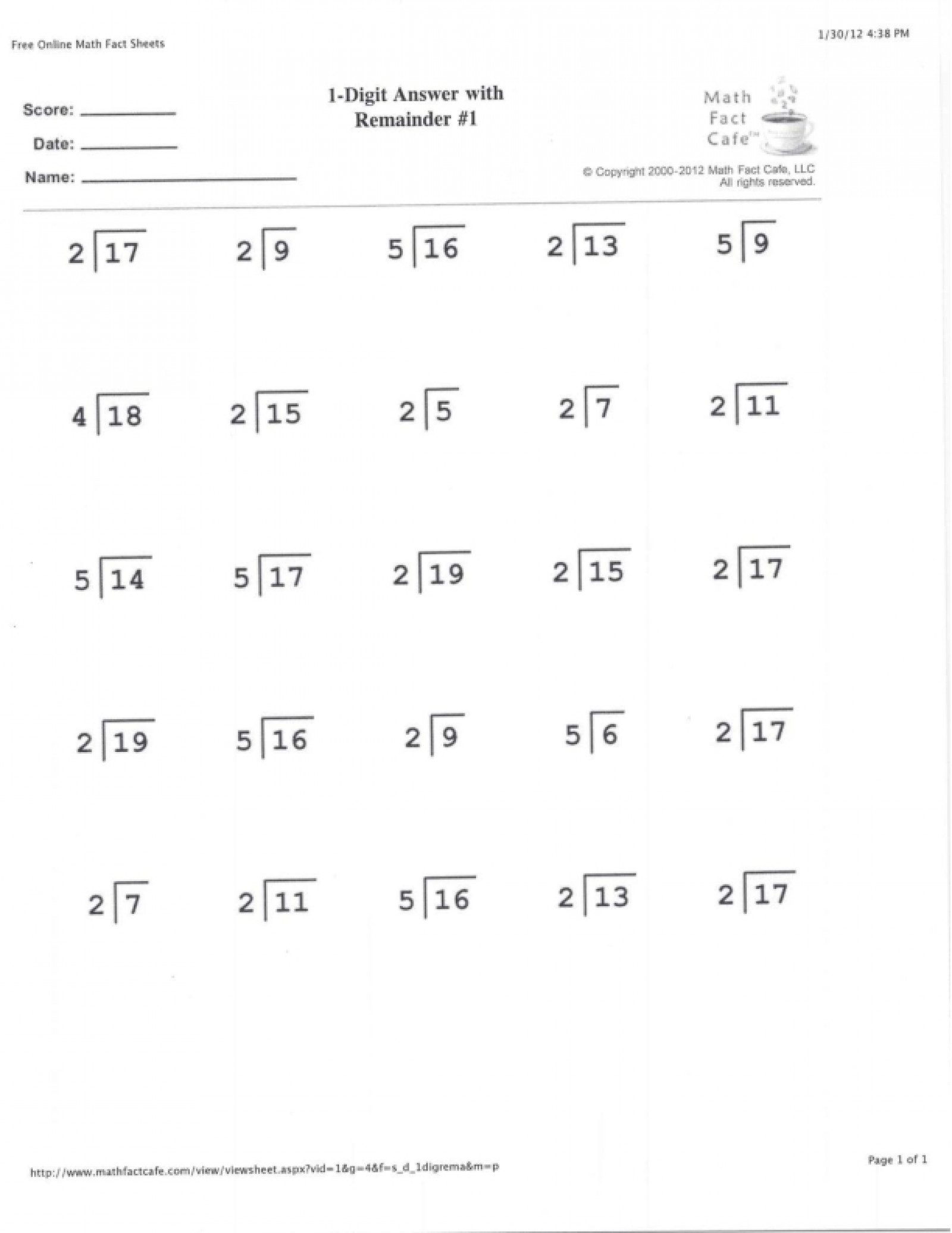 1 Digit Division With Remainder LoveToTeach
