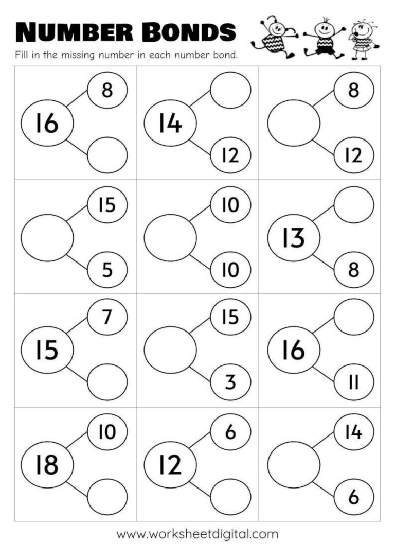 10 Printable Number Bonds Math Worksheets Numbers 1 To 20 Kindergarten First Grade Homeschool Etsy