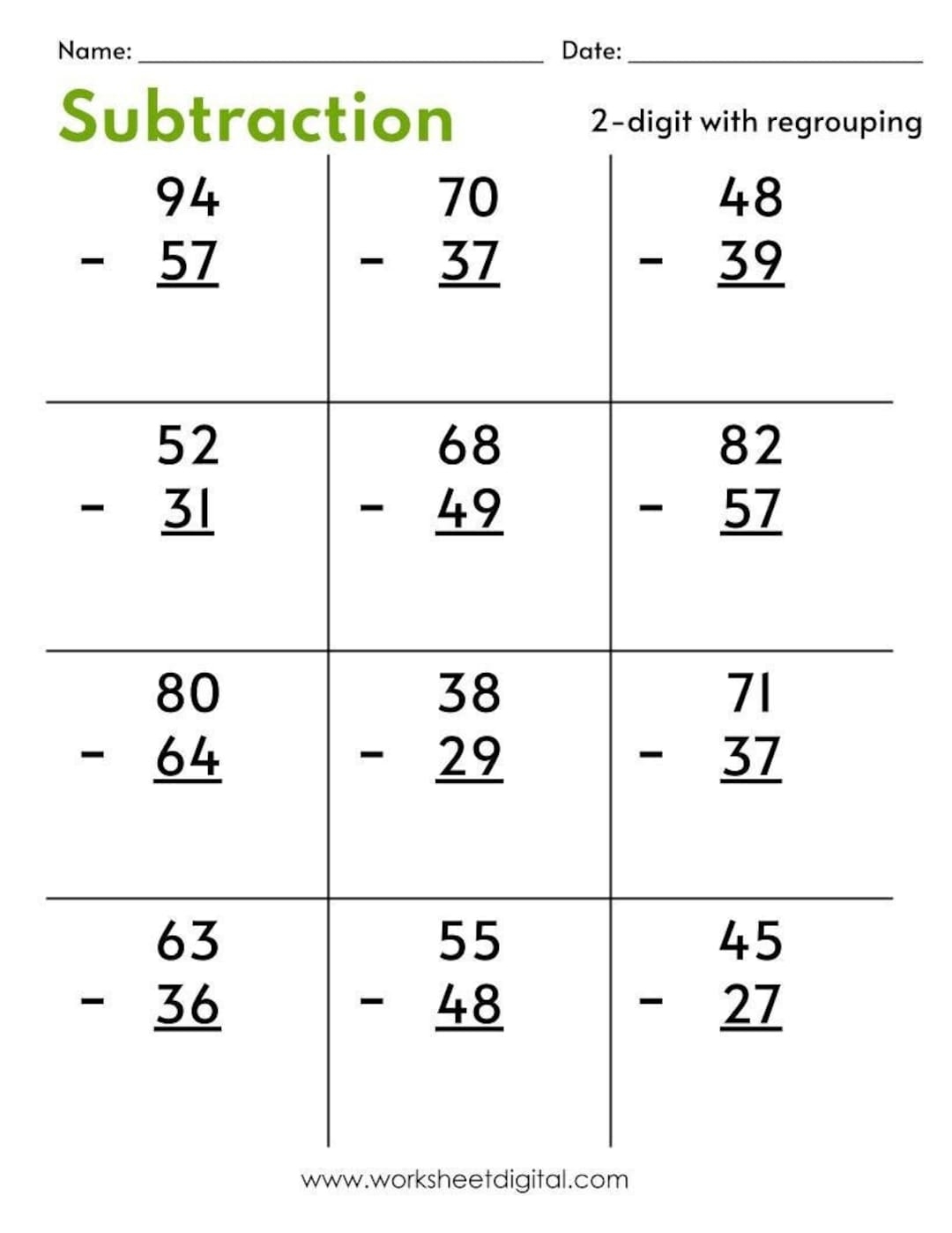 10 Printable Two Digit Subtraction Worksheets with Regrouping Math Subtraction Worksheets 1st Grade 2nd Grade Math Worksheets PDF Etsy
