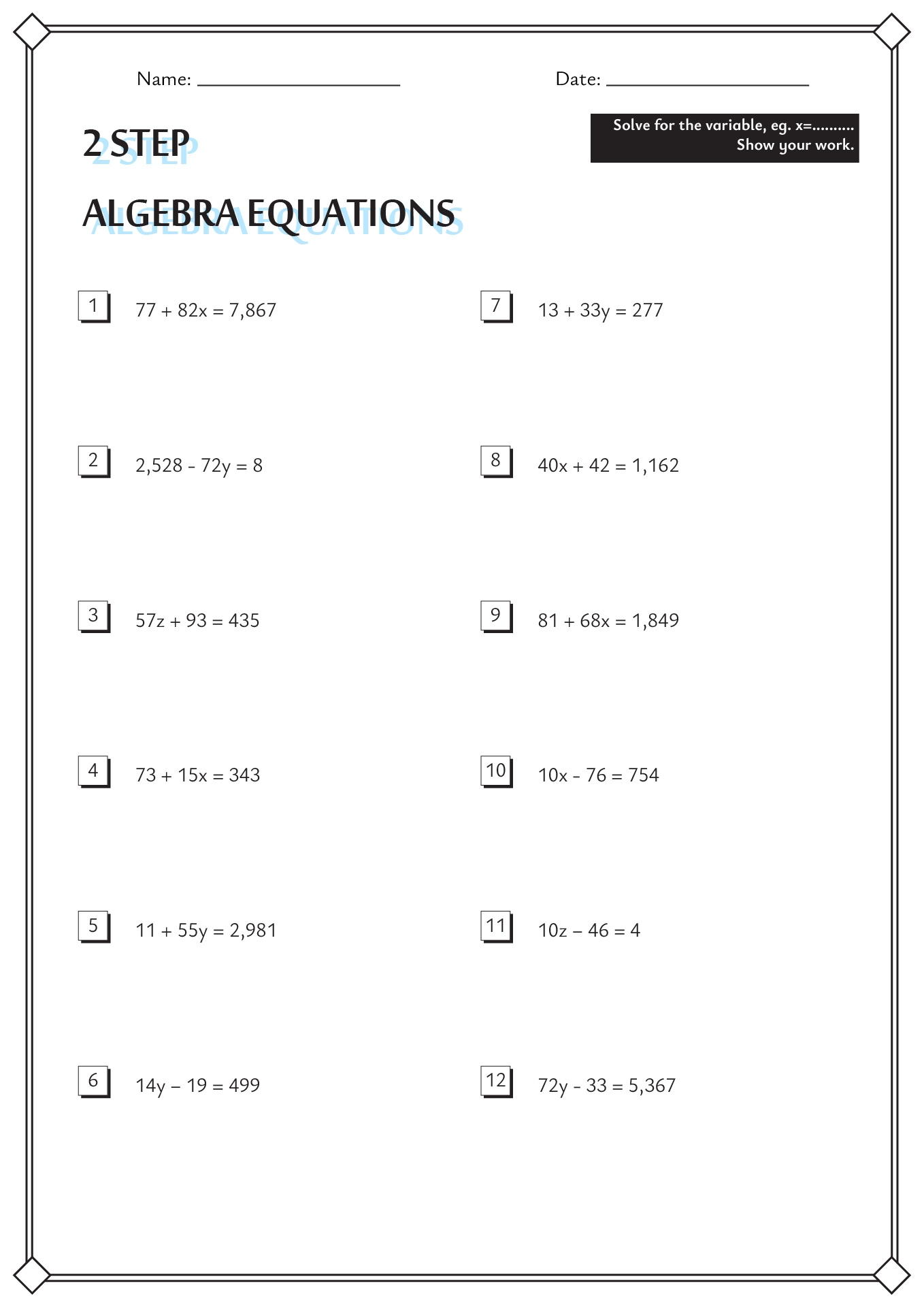 solving two step equations worksheet