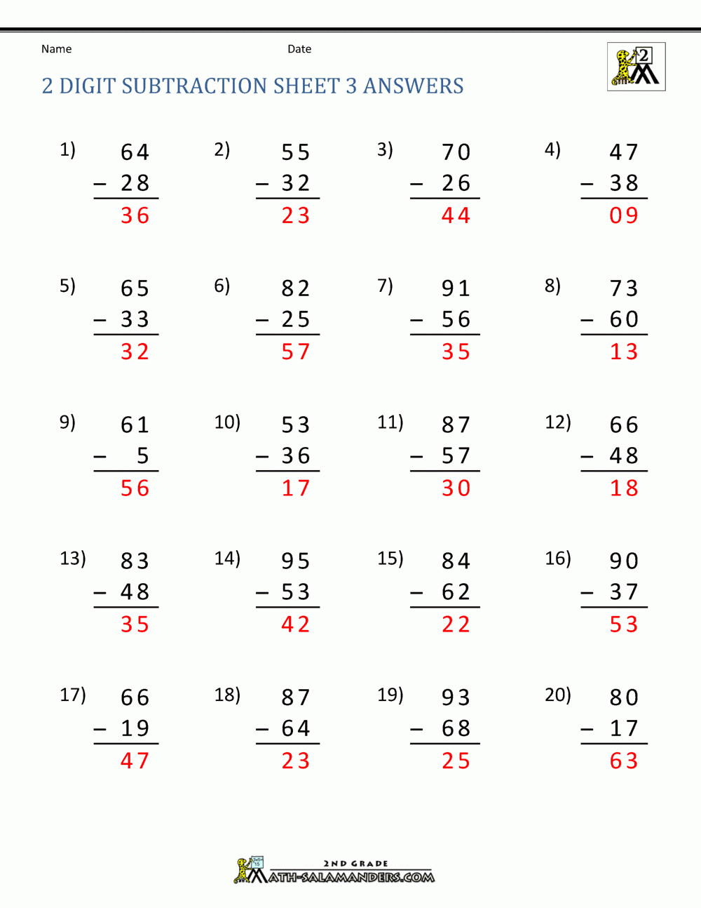 2 Digit Subtraction With Regrouping Worksheets
