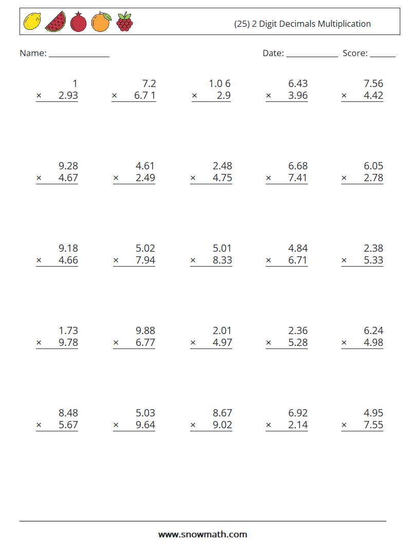 25 2 Digit Decimals Multiplication Math Worksheets Math Practice For Kids 