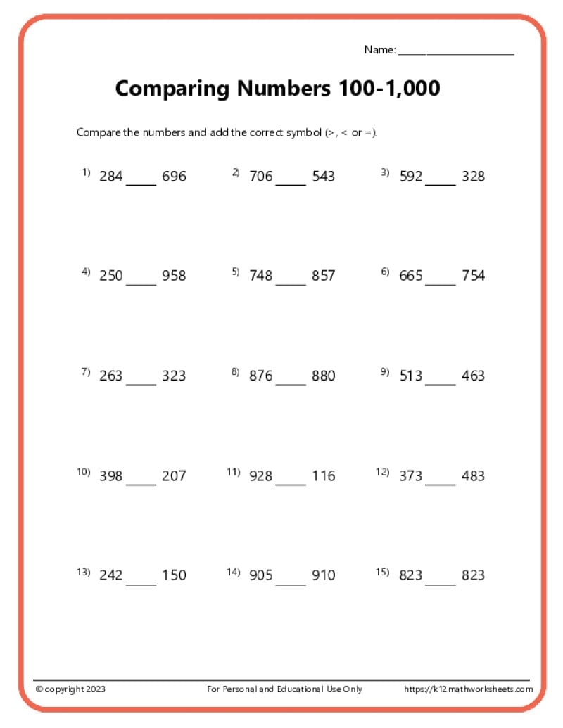 2nd Grade Comparing Numbers Worksheets