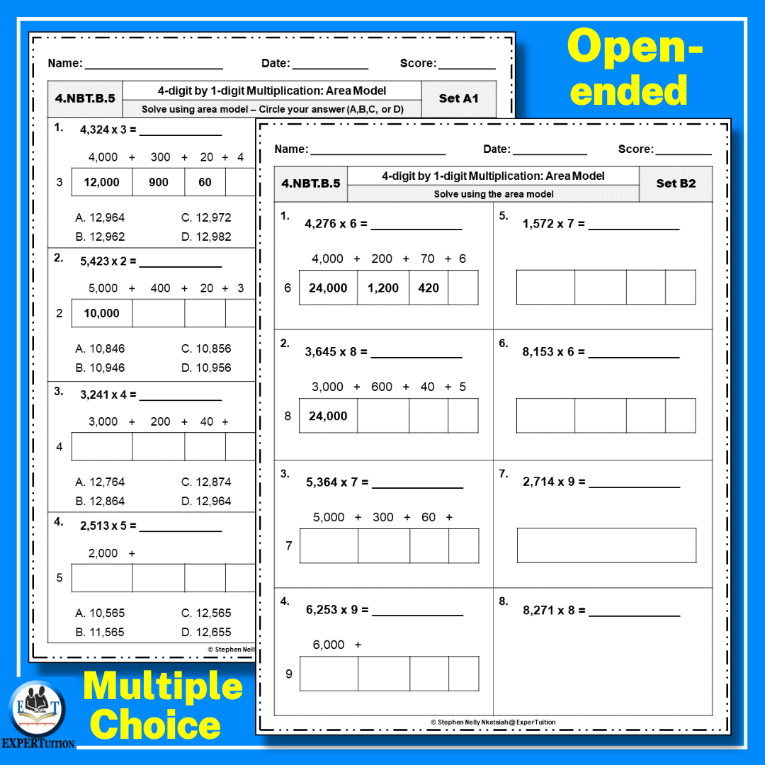 4 Digit By 1 Digit Area Model Multiplication Worksheets Made By Teachers