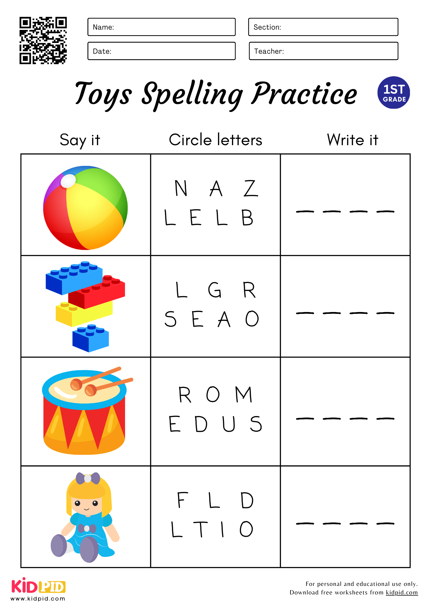 4 Letters Toys Spelling Circle Write Worksheet For Grade 1 Kidpid