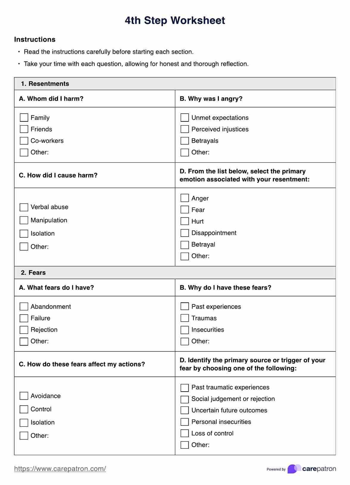 4th Step Worksheet