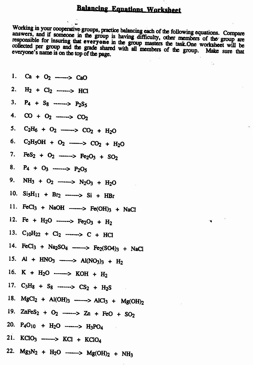 balancing chemical equations worksheet