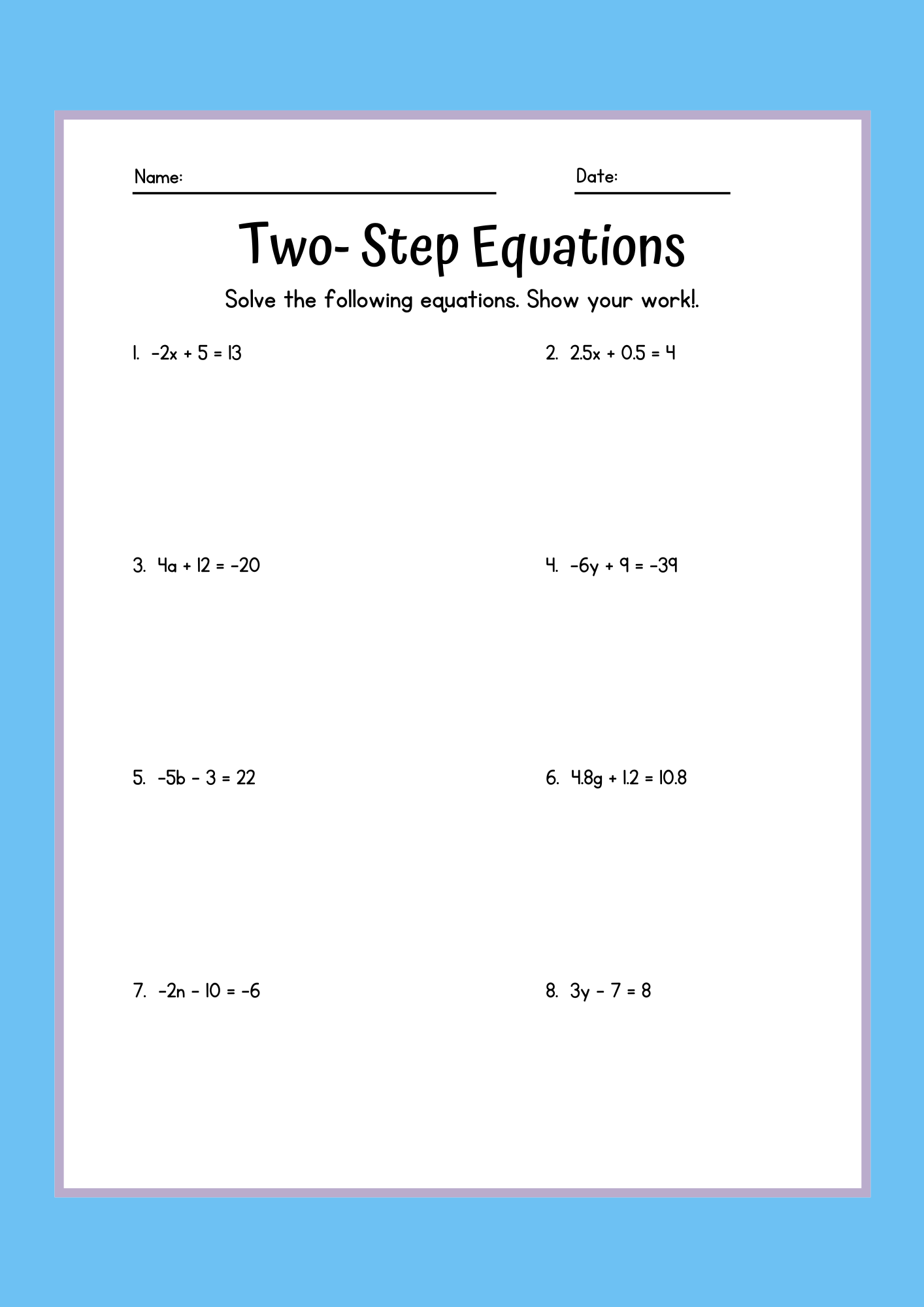 2 step equations worksheet