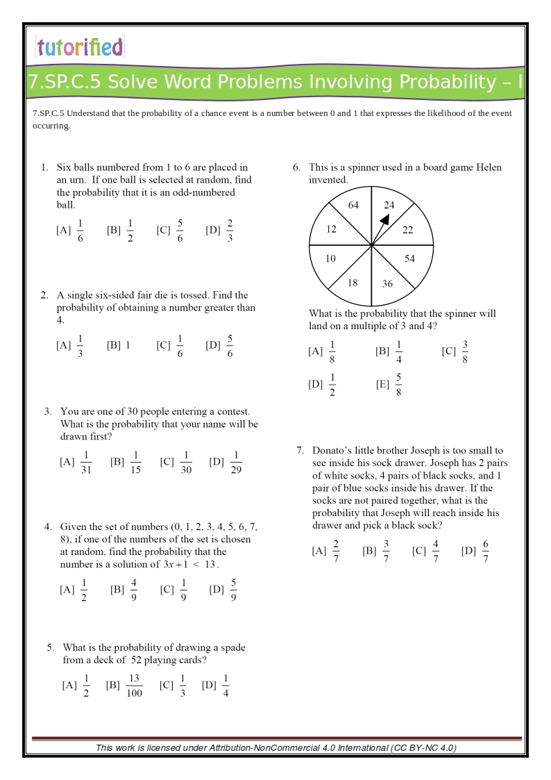 simple events worksheet 7th grade