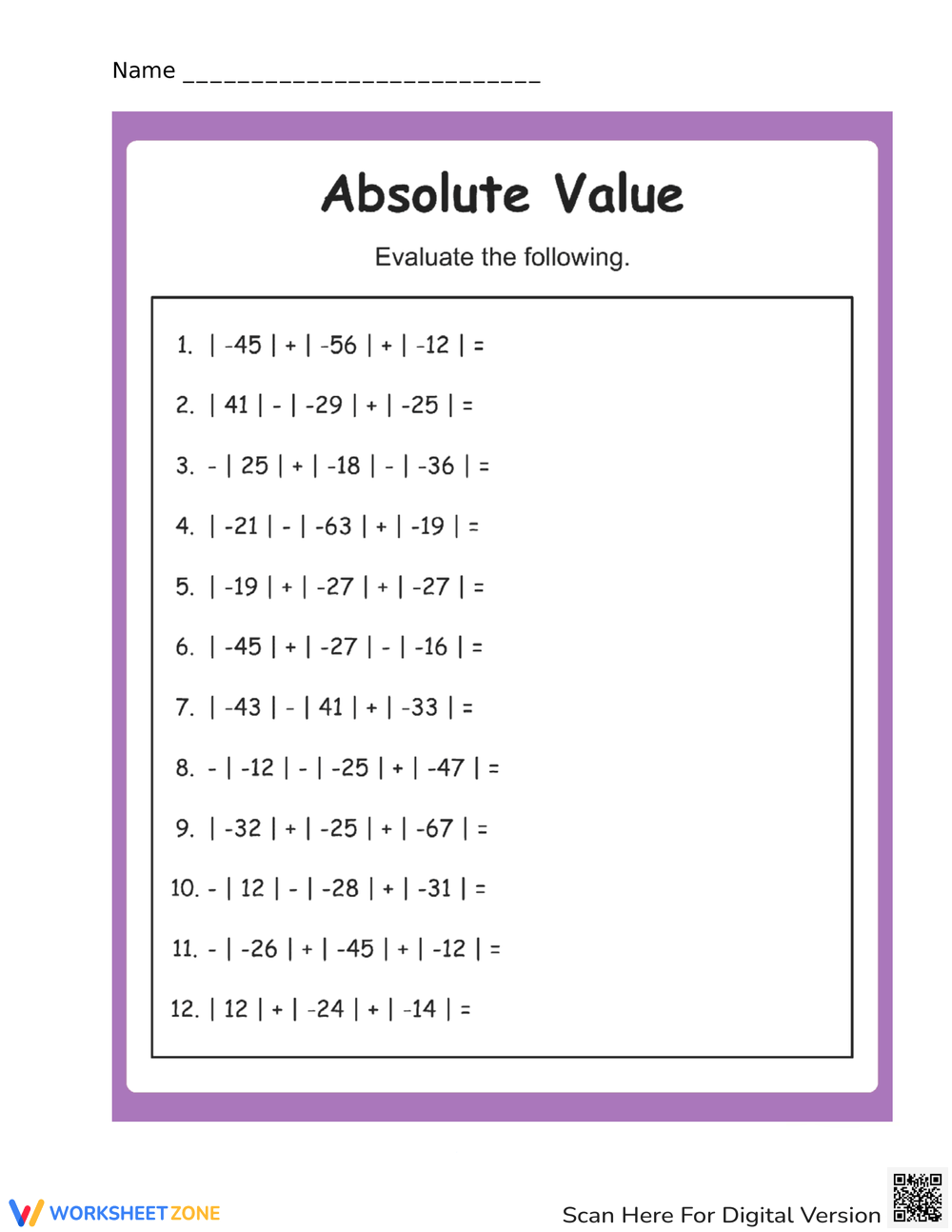 Absolute Value Worksheets Printable