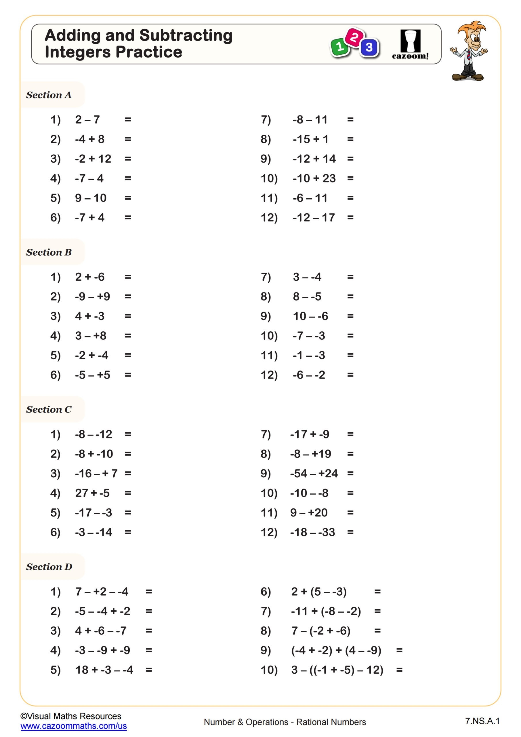subtracting integers worksheet