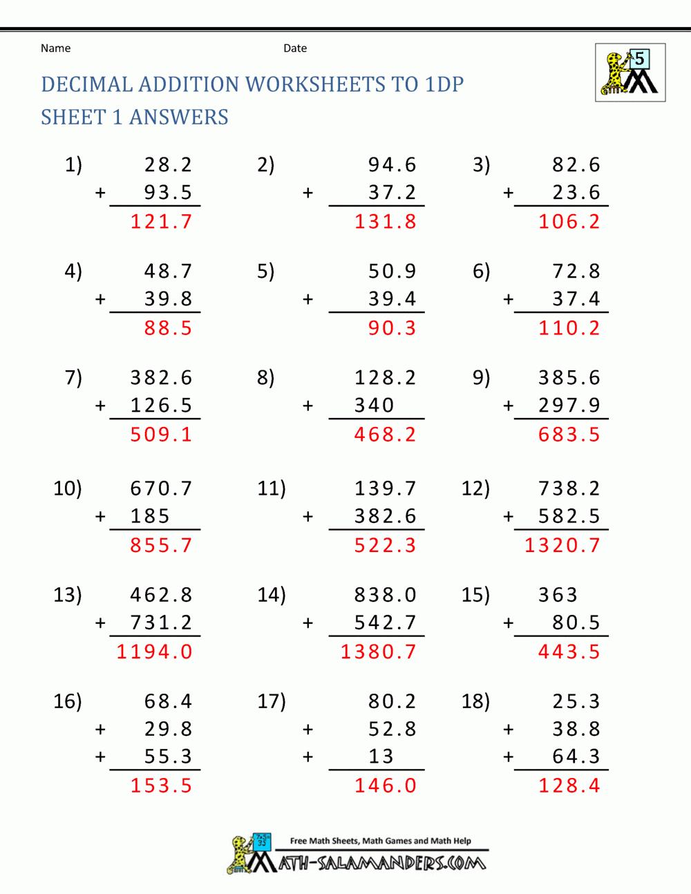 Adding Decimals Up To 1dp Sheet 1 Answers