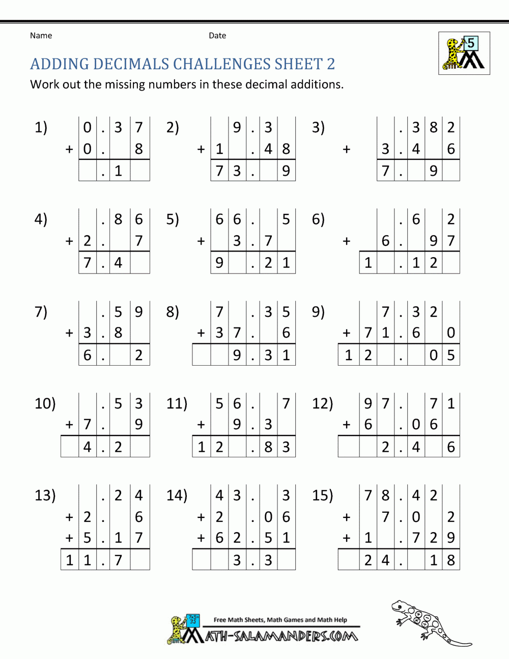 adding subtracting decimals worksheet
