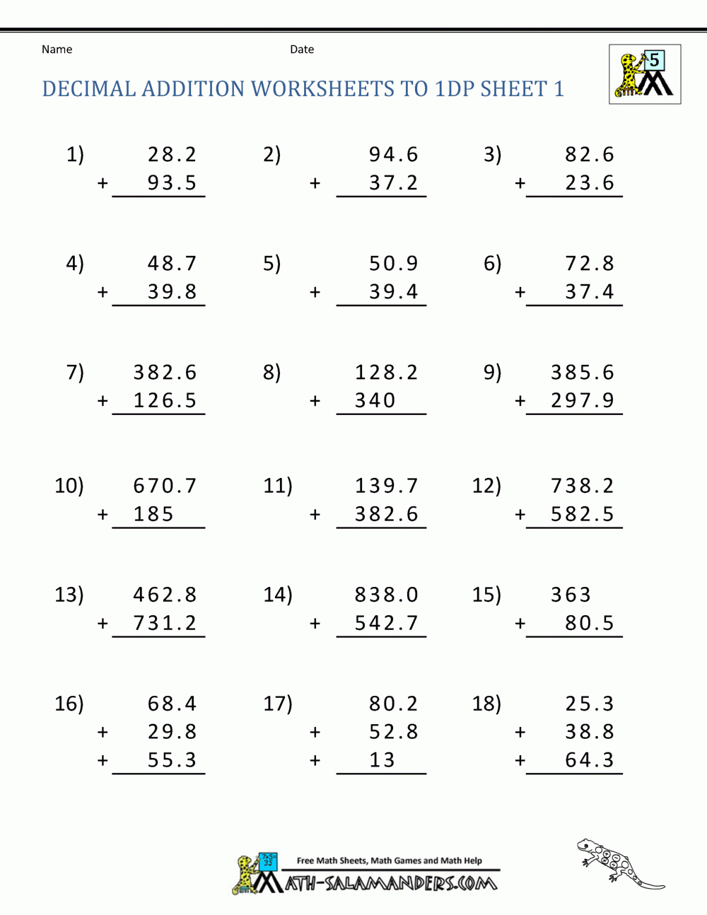 Adding Decimals Worksheet 5th Grade Worksheets Library