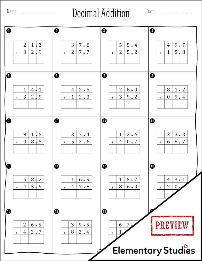 adding decimals worksheet