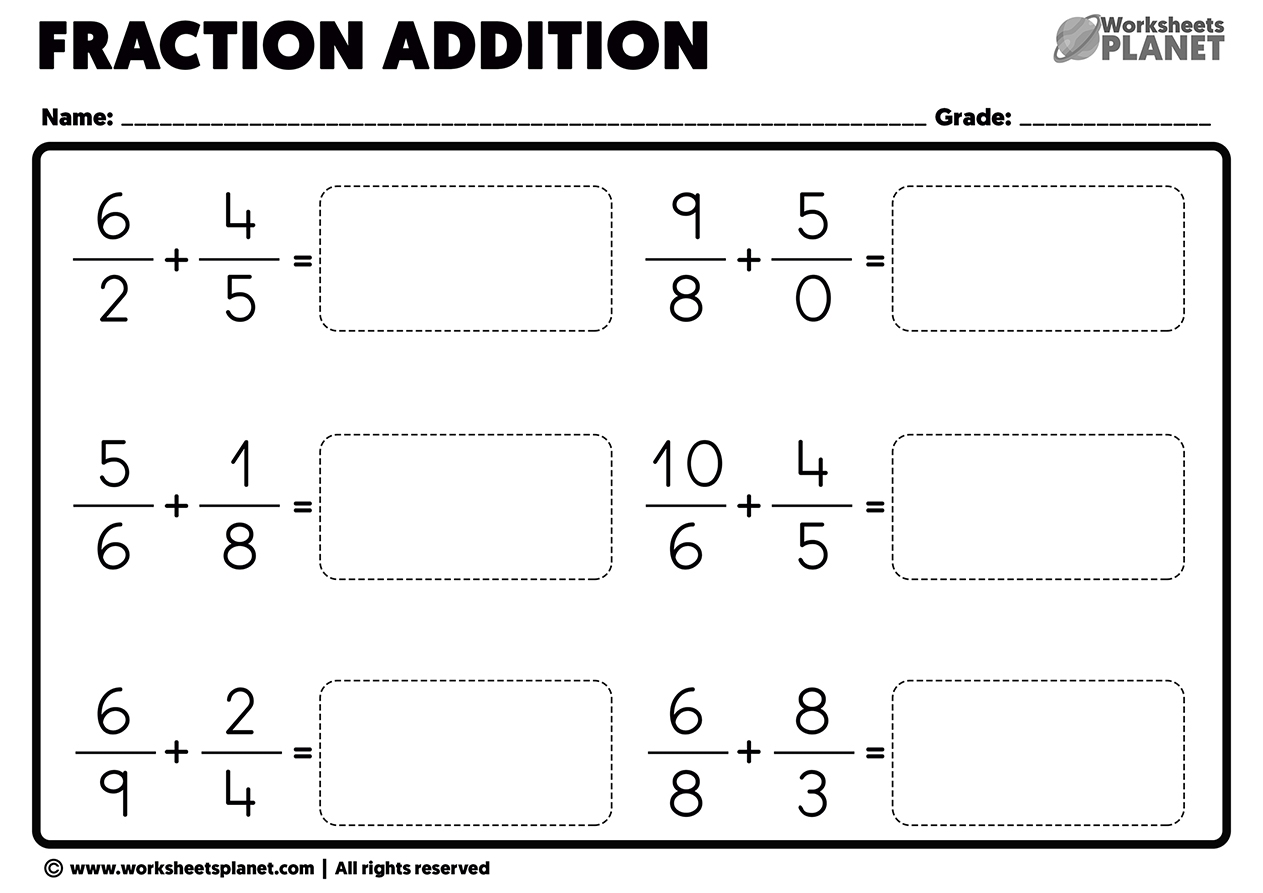 fraction addition worksheets