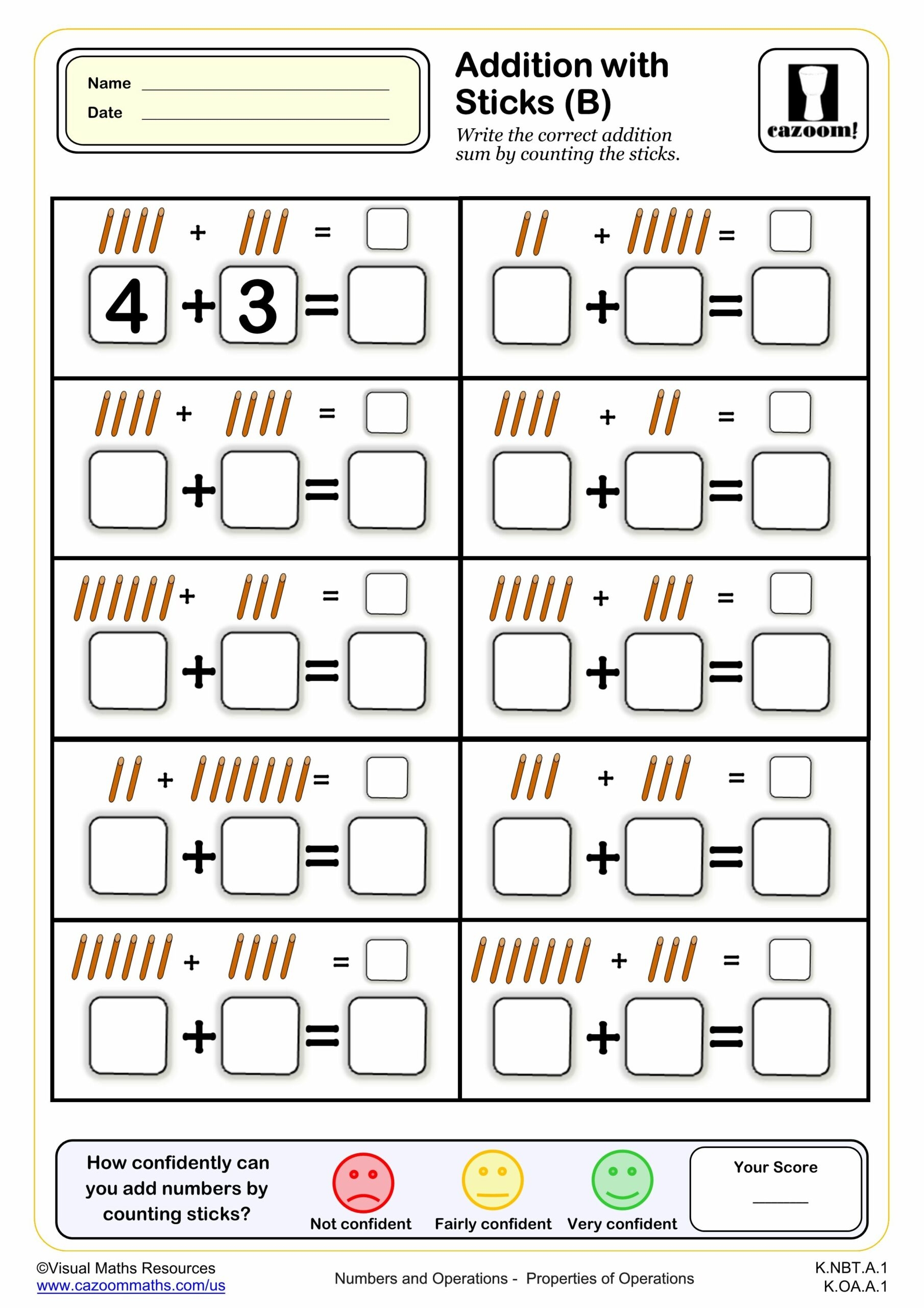 Addition With Sticks B K Grade PDF Addition Worksheets