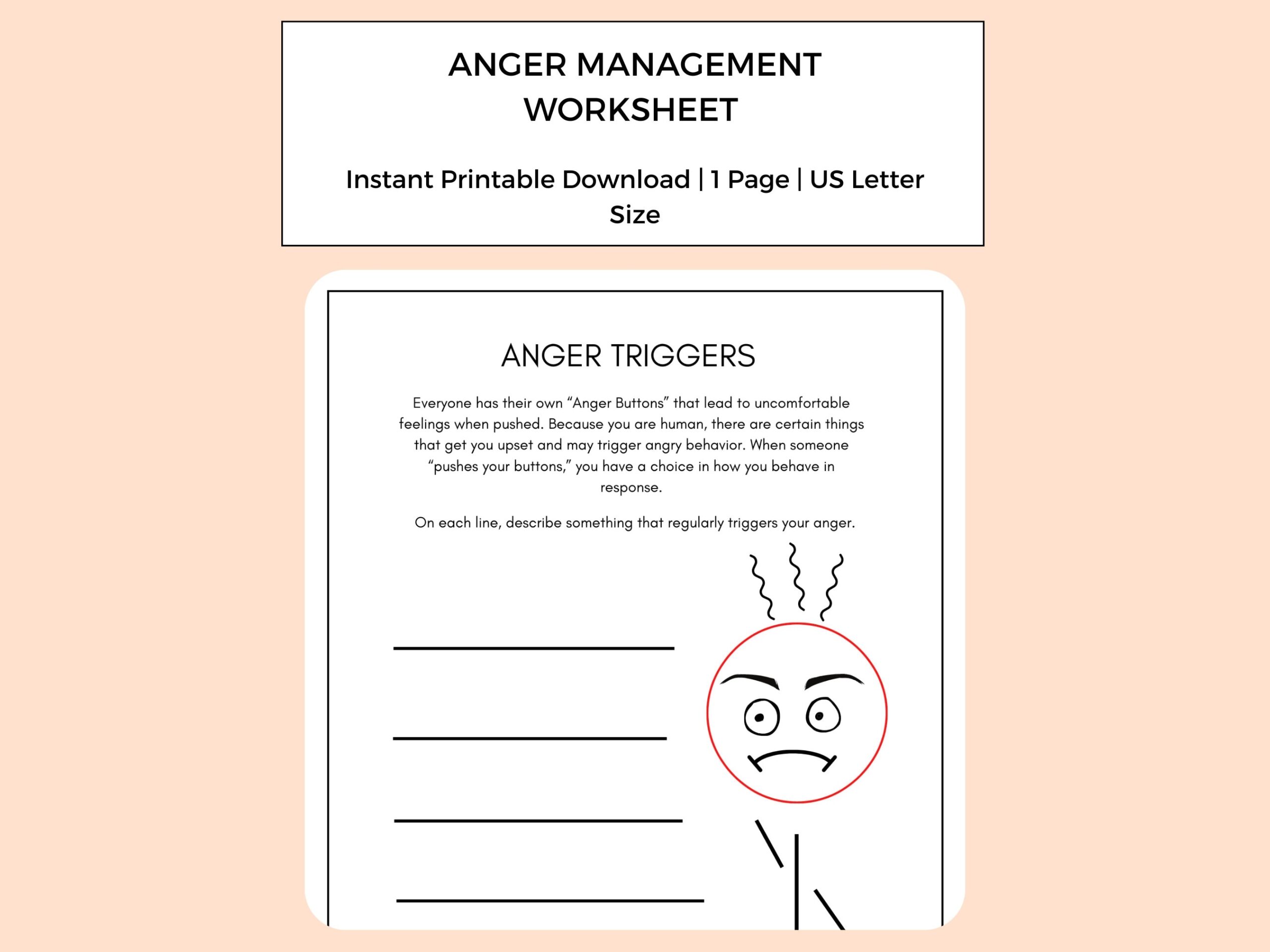Anger Management Worksheets Anger Triggers And Skills Anger Management Skills Anger Worksheets Etsy