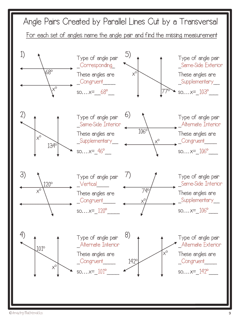 Angle Pairs Created By Parallel Lines Cut By A Transversal Fill Worksheets Library