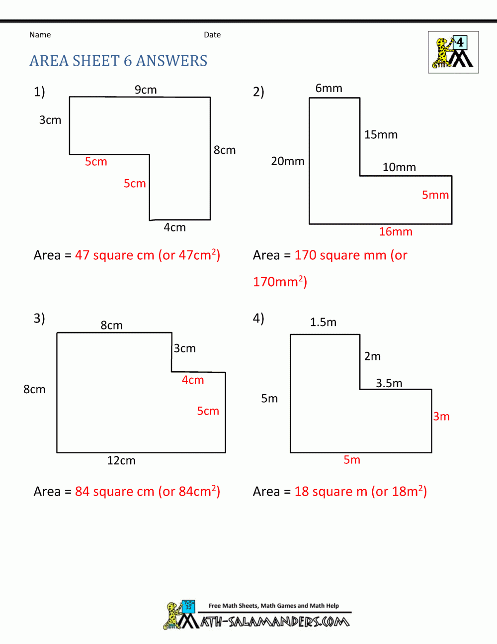 Area Sheet 6 Answers