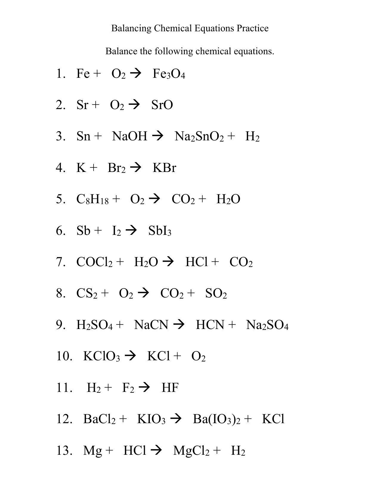 balancing equations worksheet about chemistry