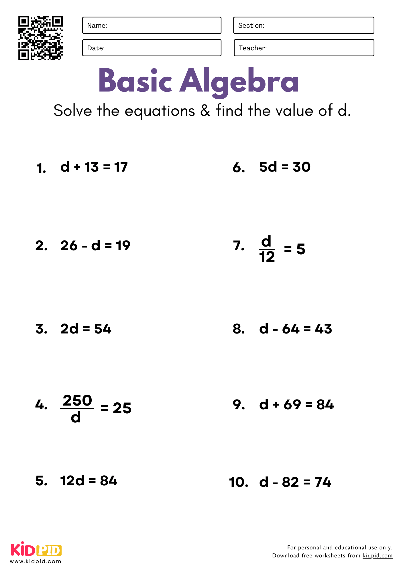 basic algebra worksheets