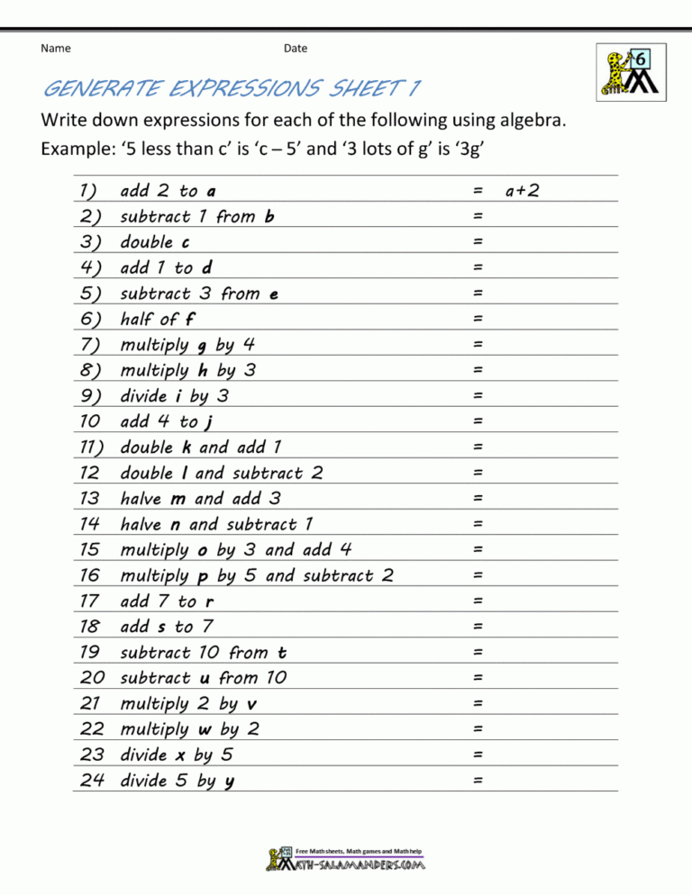 Basic Algebra Worksheets