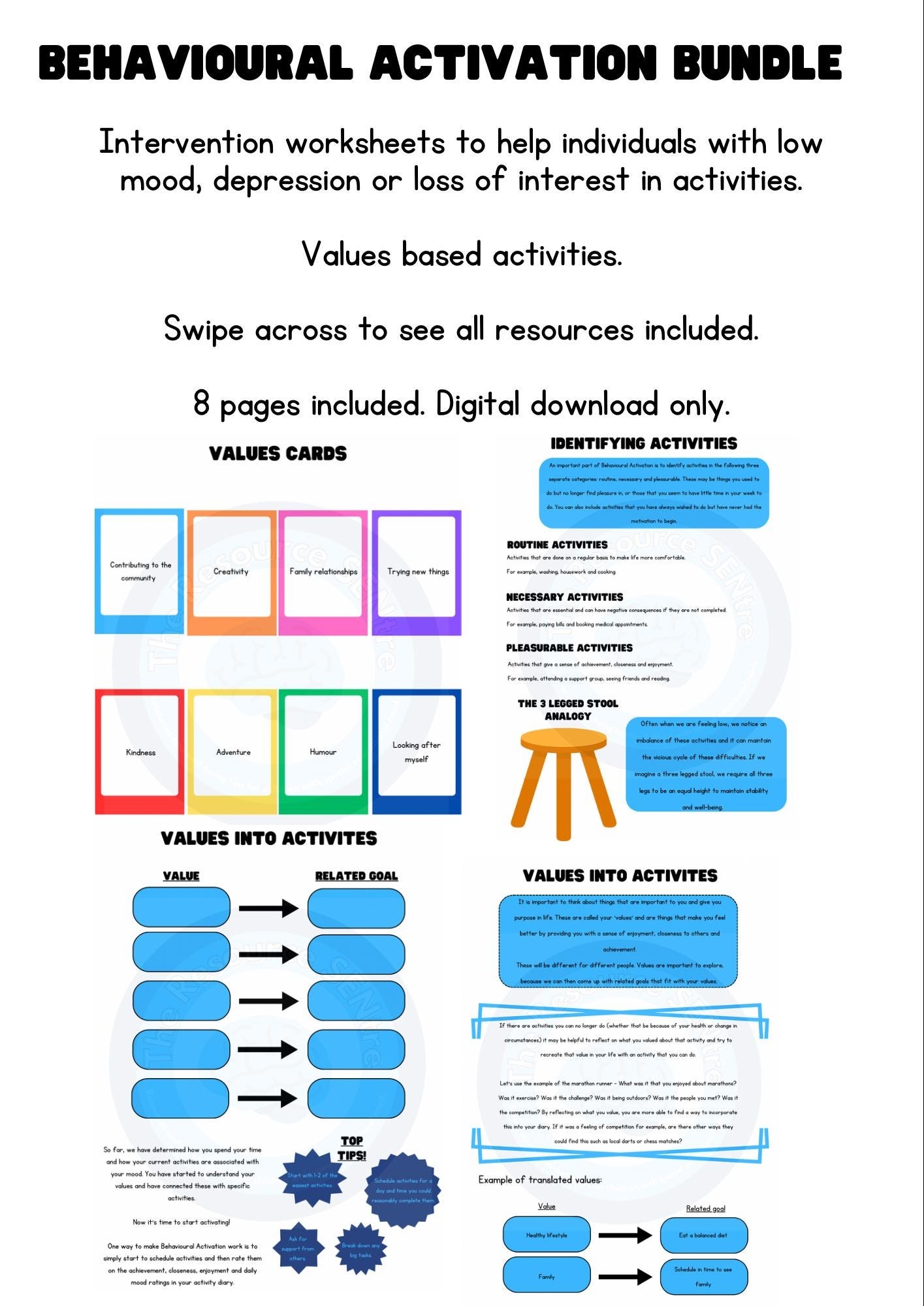 Behavioural Activation Worksheets Values Based Activities Therapy Worksheet For Low Mood CBT Worksheet Cognitive Behavioural Therapy Etsy