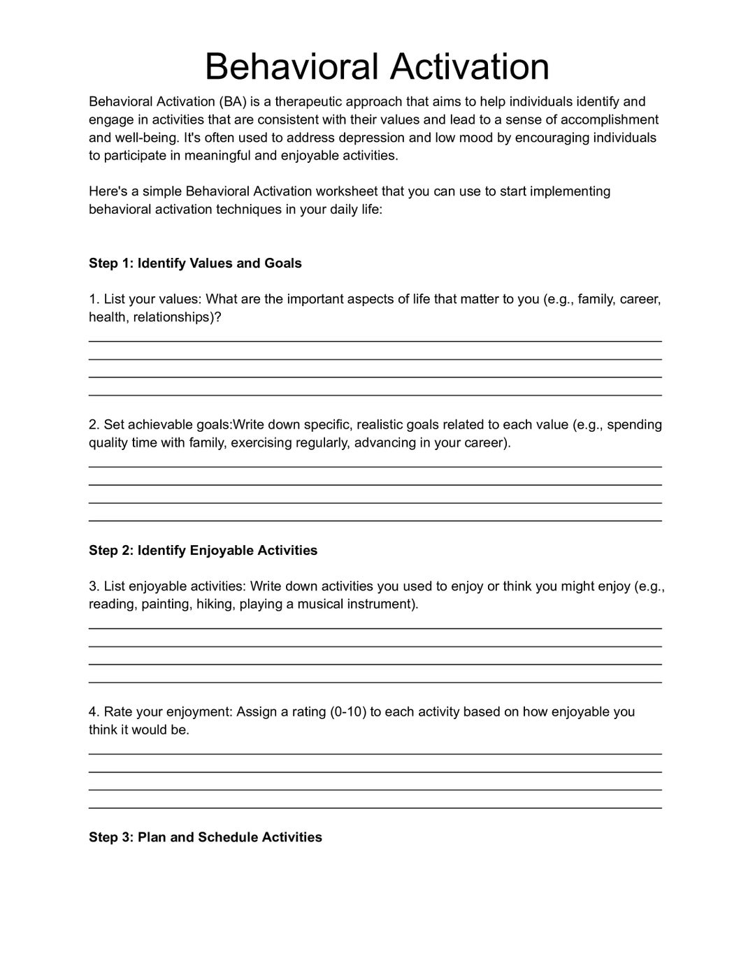 Behaviroral Activation Worksheet Depression Worksheet CBT Worksheet Therapy Tool Etsy