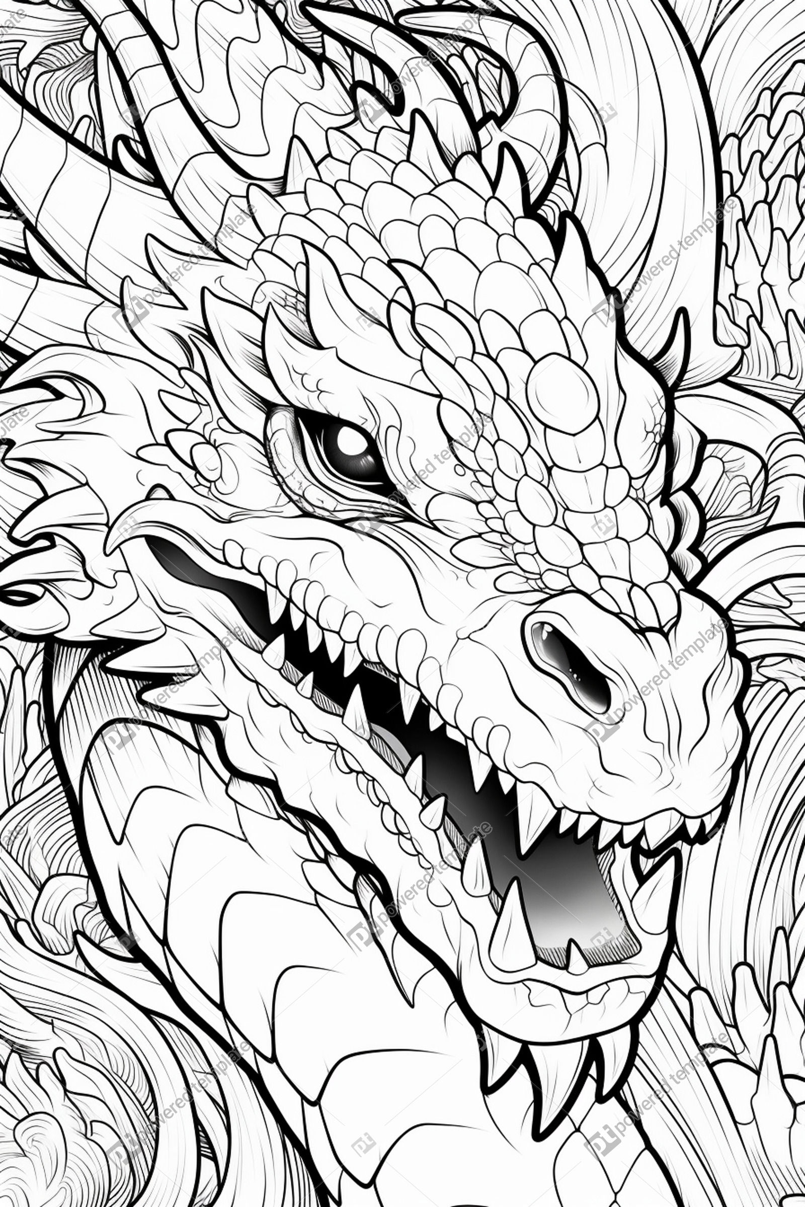 Black And White Cartoon Coloring Page Seven Headed Dragon Illustration AI Image PoweredTemplate 130413 PoweredTemplate
