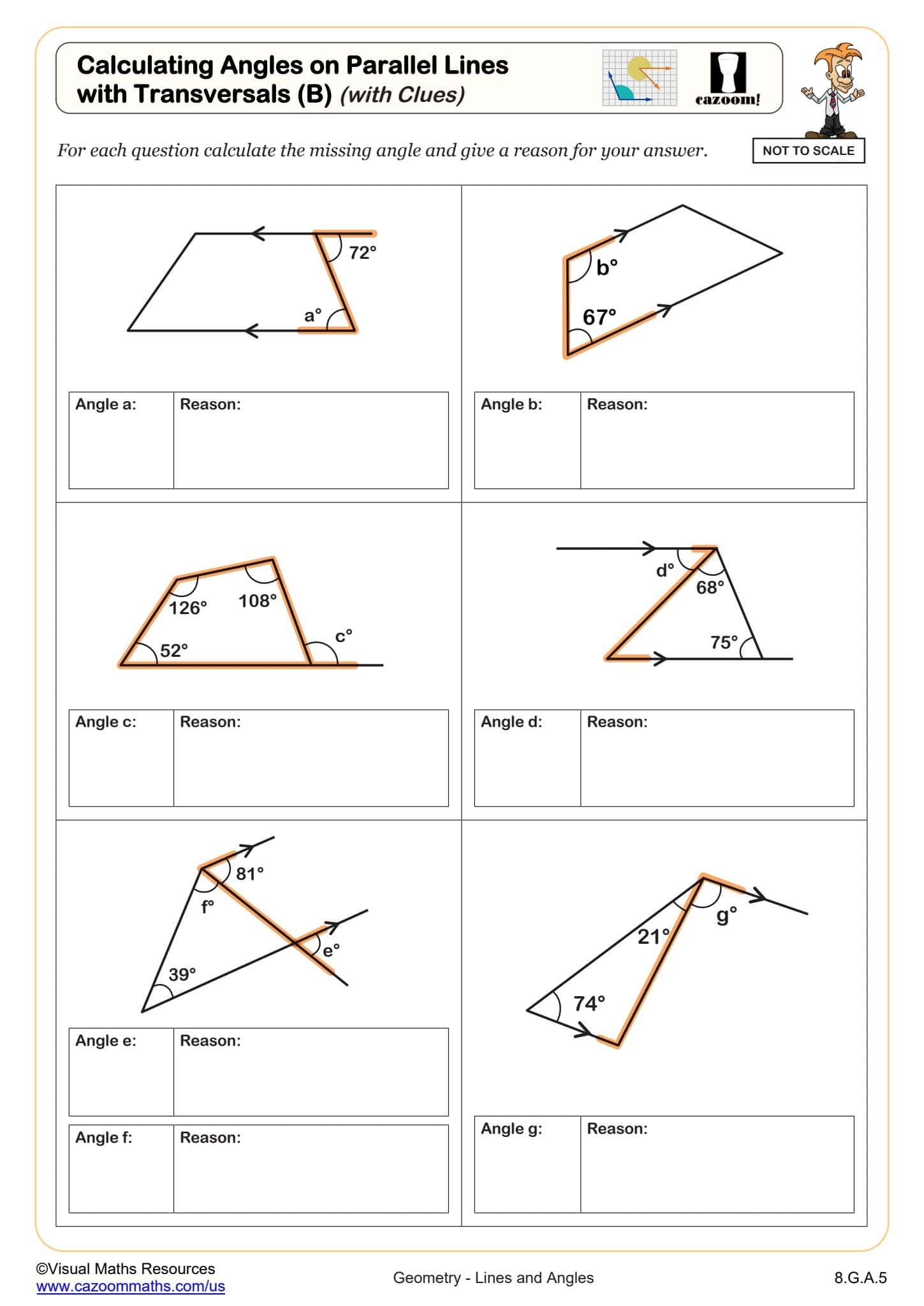 Calculating Angles On Parallel Lines With Transversals B with Clues Worksheet Fun And Engaging 8th Grade PDF Worksheets