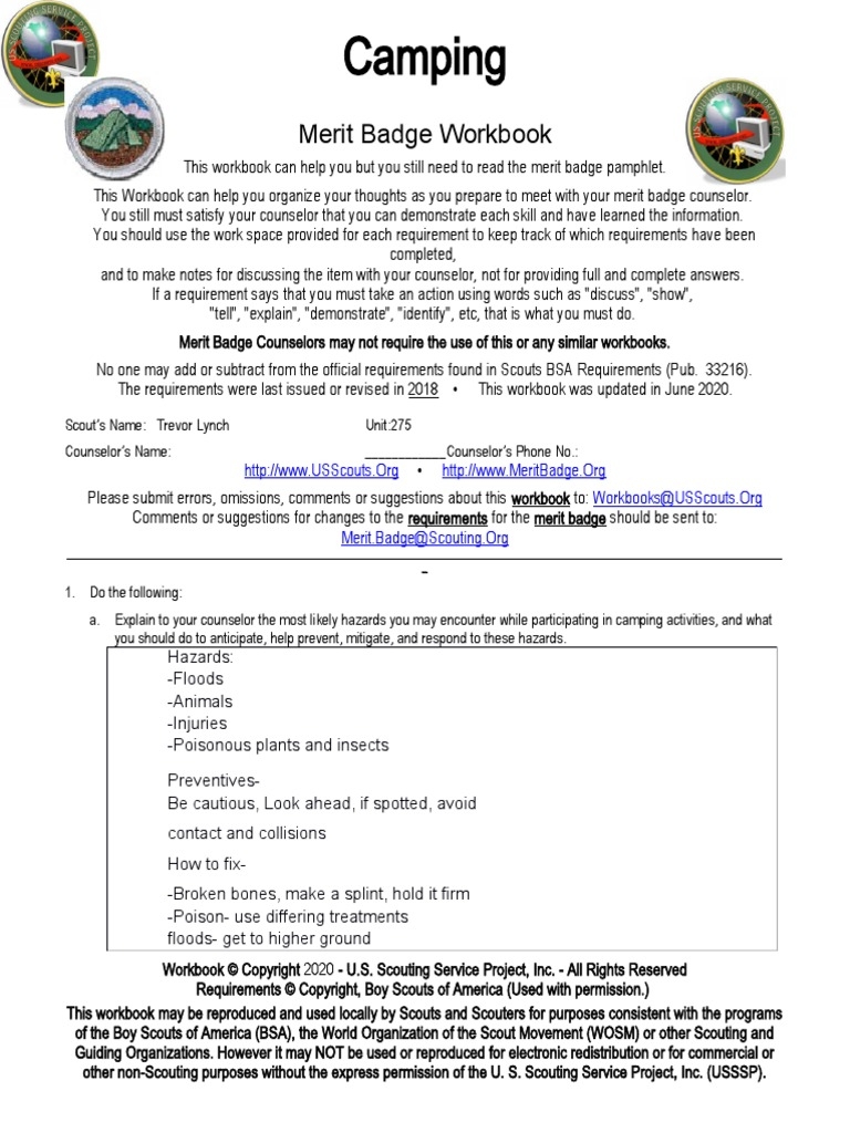 Camping Merit Badge PDF Boy Scouts Of America Sausage Worksheets Library
