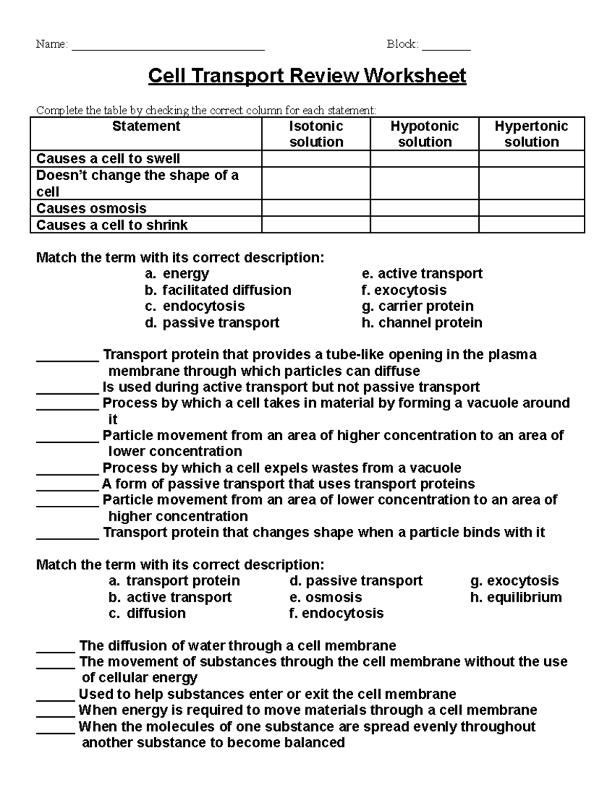 Cell Transport Review Worksheets Name Block Cell Studocu