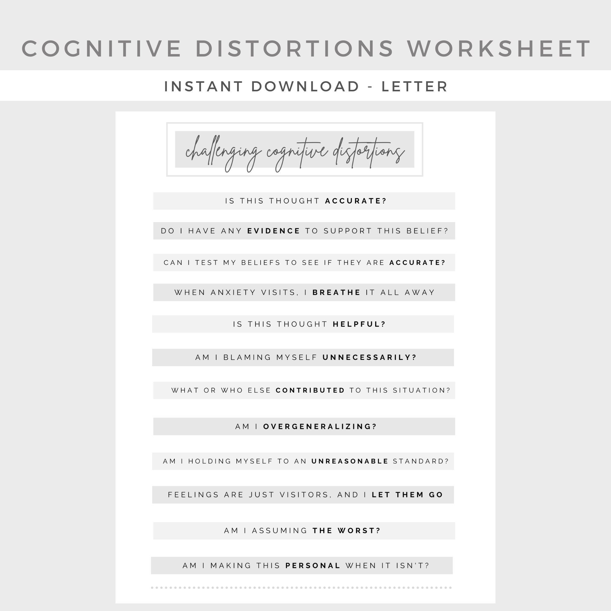 Challenging Cognitive Distortions Worksheet Mental Health Depression Anxiety Therapy Journal Home Management Counseling Binder Etsy