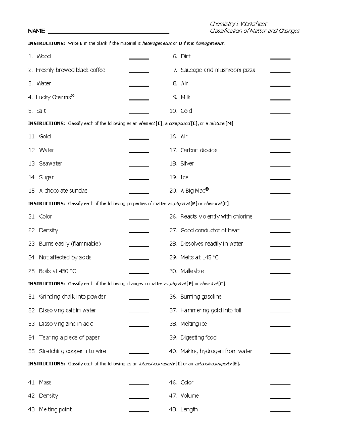 Chemistry I Classification Of Matter Worksheet Chemistry I Worksheet NAME Classification Of Matter Studocu