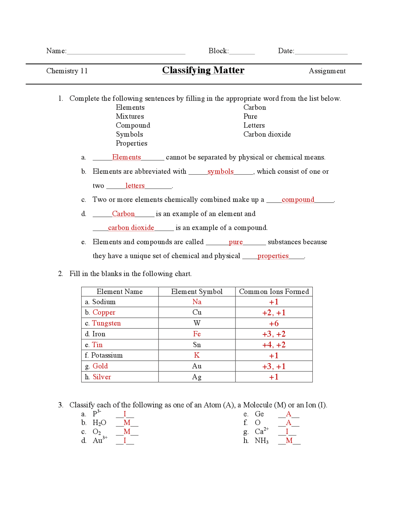 classification of matter worksheet
