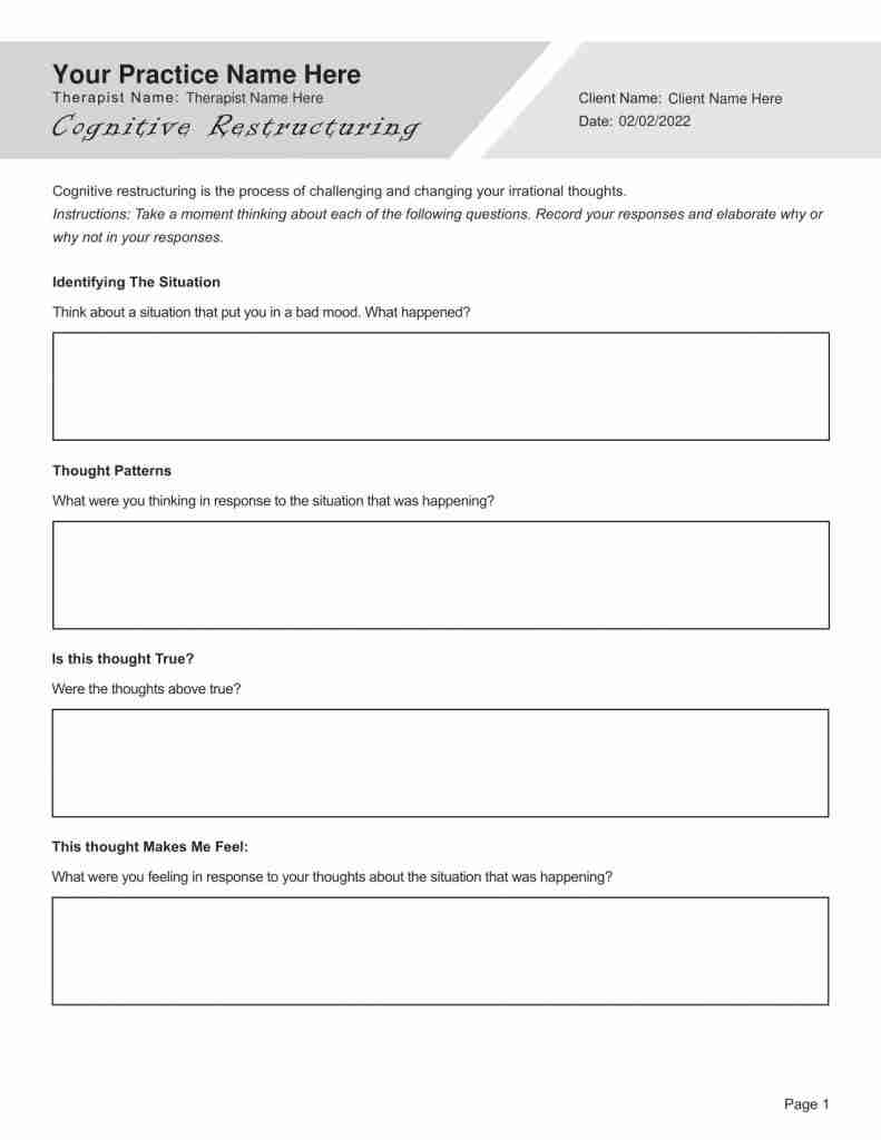 Cognitive Restructuring Worksheet Editable Fillable Printable PDF TherapyPatron