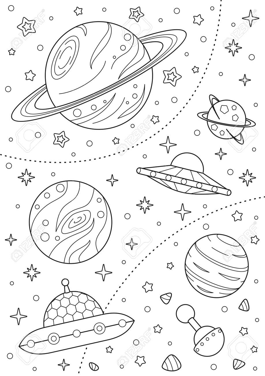 Coloring Page With Different Planets Alien Spaceships And Stars Black And White Outline Illustration On A White Far Space Vector Design Template For Kids Coloring Book Poster Royalty Free SVG Cliparts Vectors 