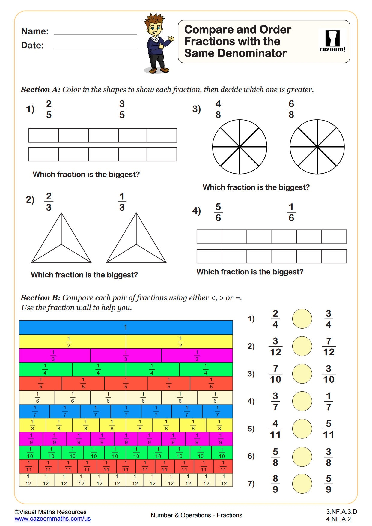 Compare And Order Fractions With The Same Denominator PDF Printable Number And Operations Worksheets
