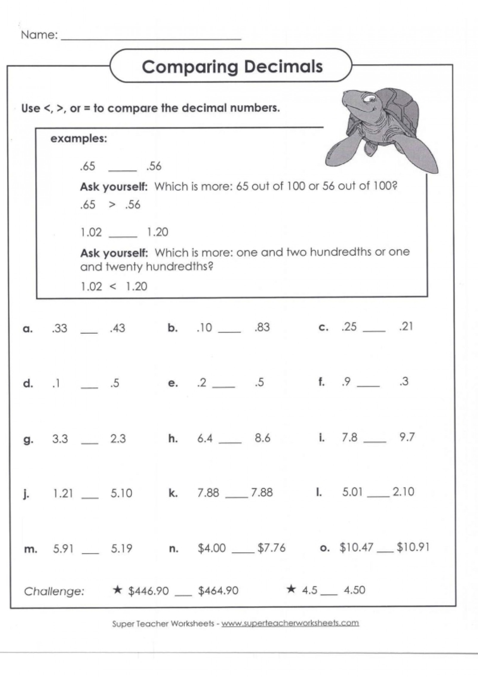 comparing decimals worksheet