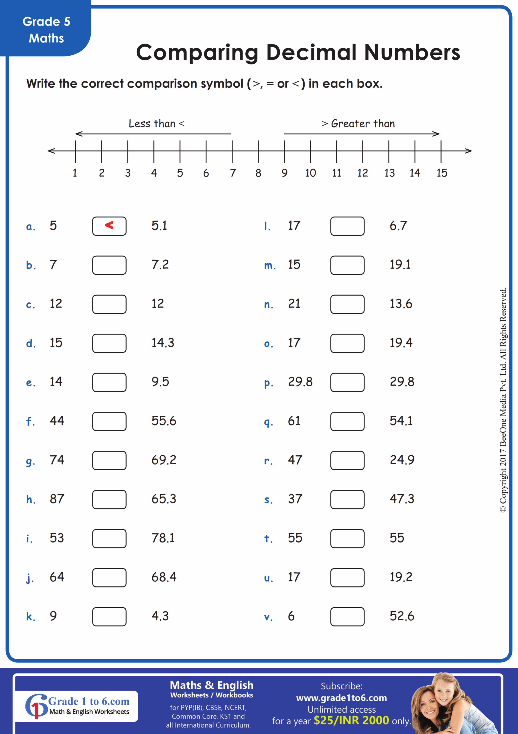 Comparing Decimals Worksheets Grade1to6
