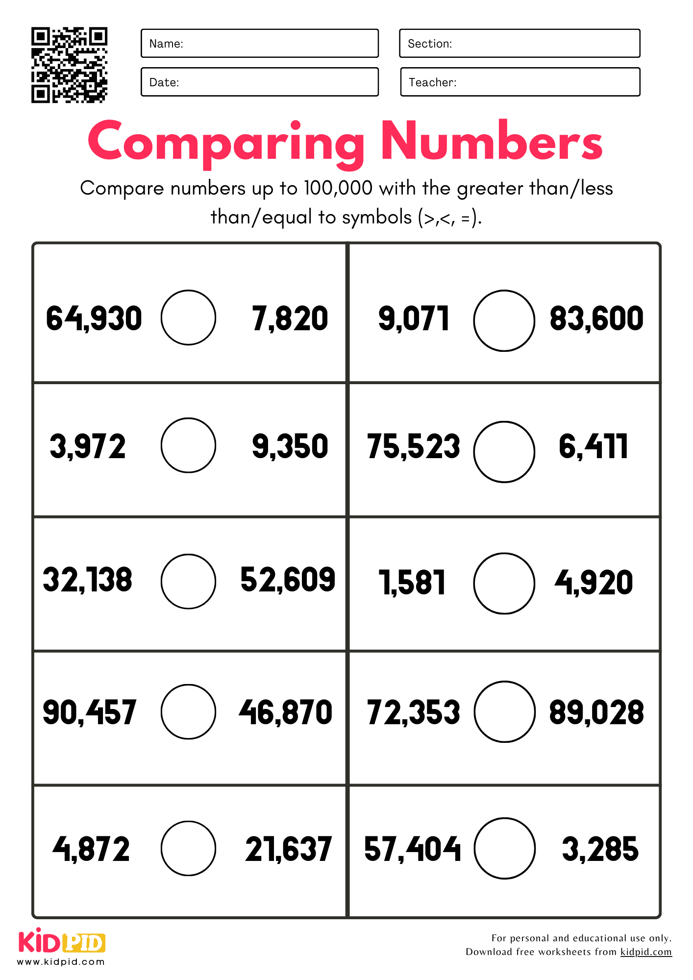 comparing numbers worksheets
