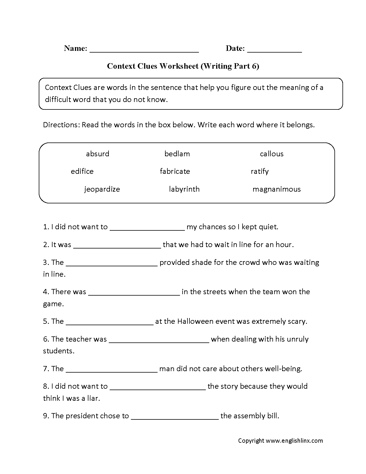 Context Clues Worksheets Printable Vocabulary Inference Activities